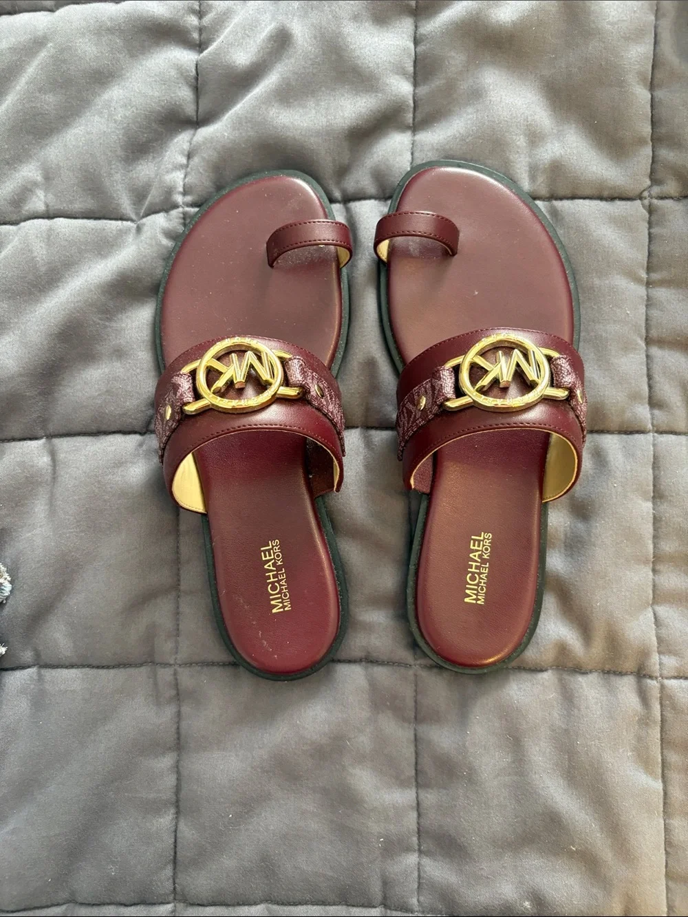 MICHAEL Michael Kors Burgundy Slide Sandals with Gold MK Accent